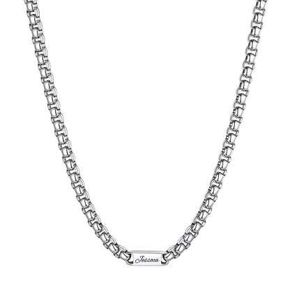 Silver Personalized Engraving 1 Name Box Chain Necklace on a white background 7mm 