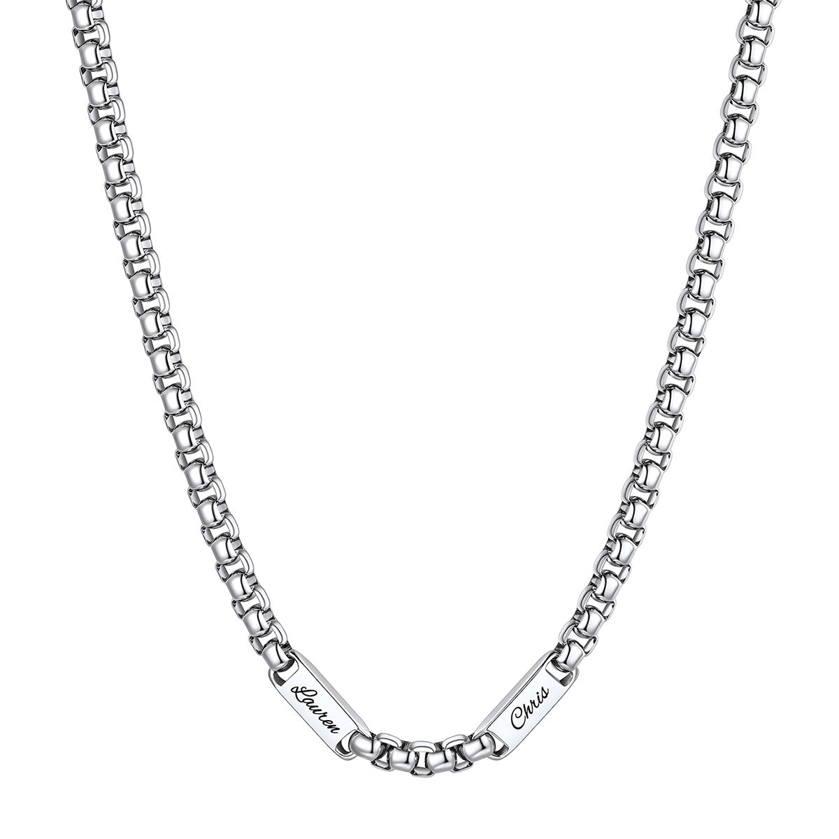 Silver Personalized Engraving 2 Name Box Chain Necklace on a white background 7mm 