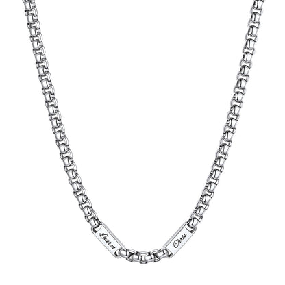 Silver Personalized Engraving 2 Name Box Chain Necklace on a white background 7mm 