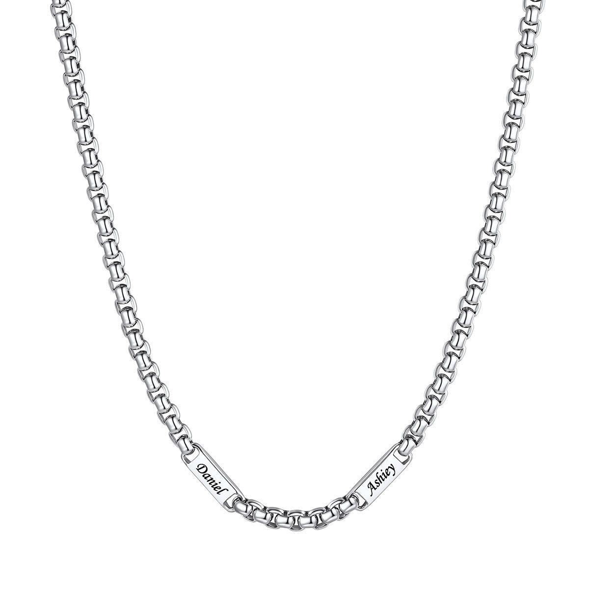 Silver Personalized Engraving 2 Names Box Chain Necklace on a white background 5mm 