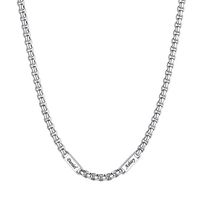 Silver Personalized Engraving 2 Names Box Chain Necklace on a white background 5mm 