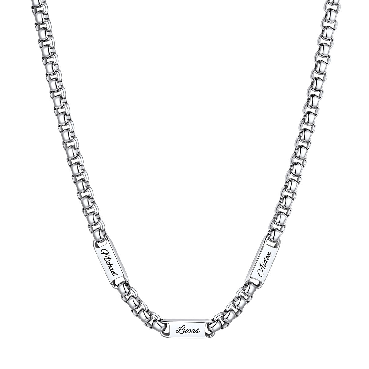 Silver Personalized Engraving 3 Name Box Chain Necklace on a white background 7mm 