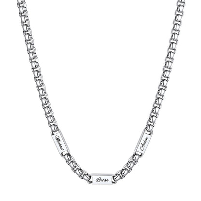 Silver Personalized Engraving 3 Name Box Chain Necklace on a white background 7mm 