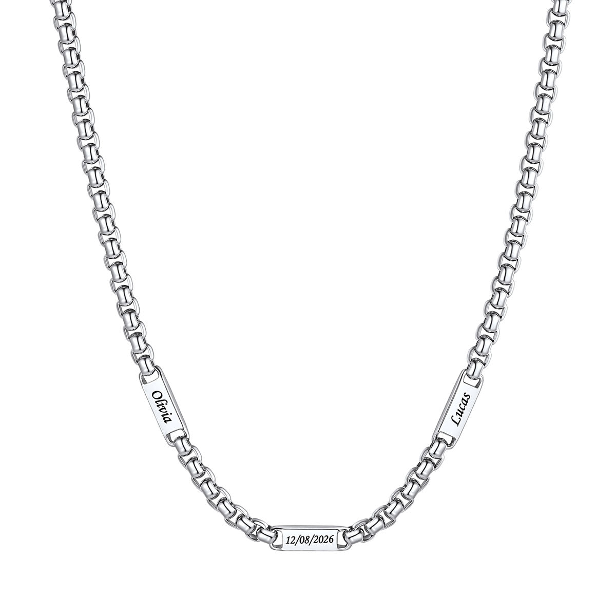 Silver Personalized Engraving 3 Names Box Chain Necklace on a white background 5mm 