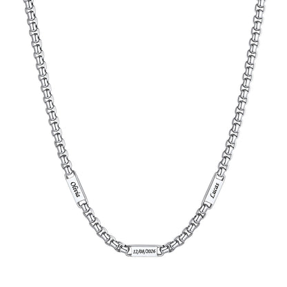 Silver Personalized Engraving 3 Names Box Chain Necklace on a white background 5mm 