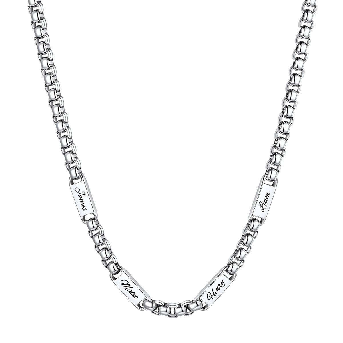Silver Personalized Engraving 4 Name Box Chain Necklace on a white background 7mm 