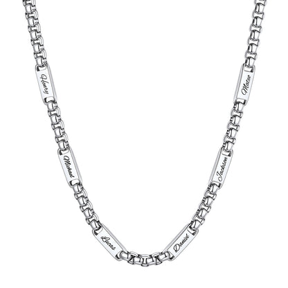 Silver Personalized Engraving 6 Name Box Chain Necklace on a white background 7mm 