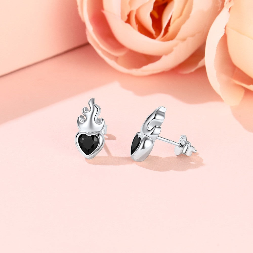 Silver Sacred Heart Black CZ Stud Earrings