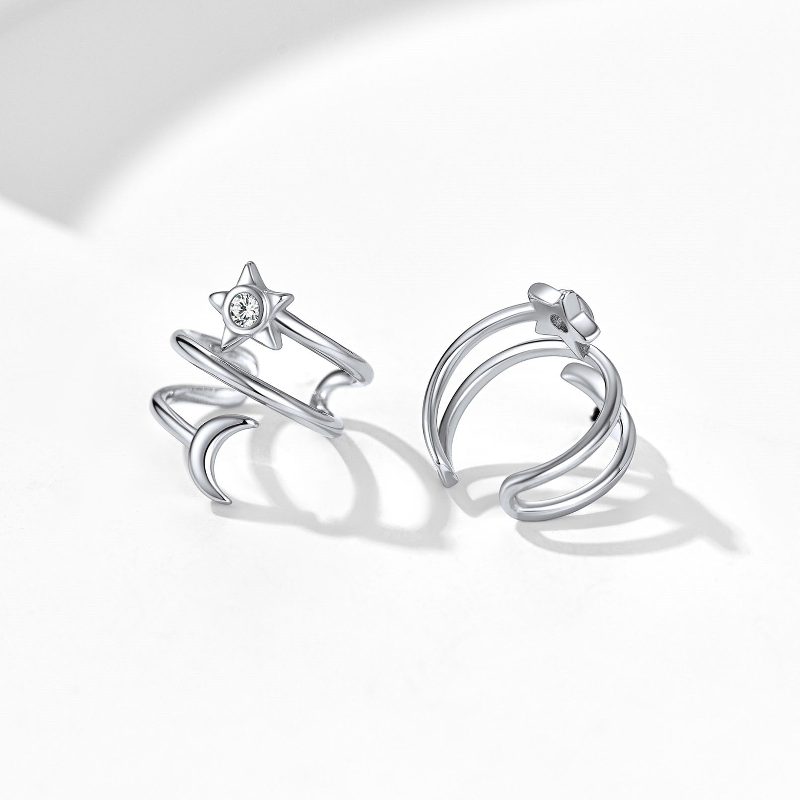 Silver Star Moon Ear Cuff Earrings for Women
