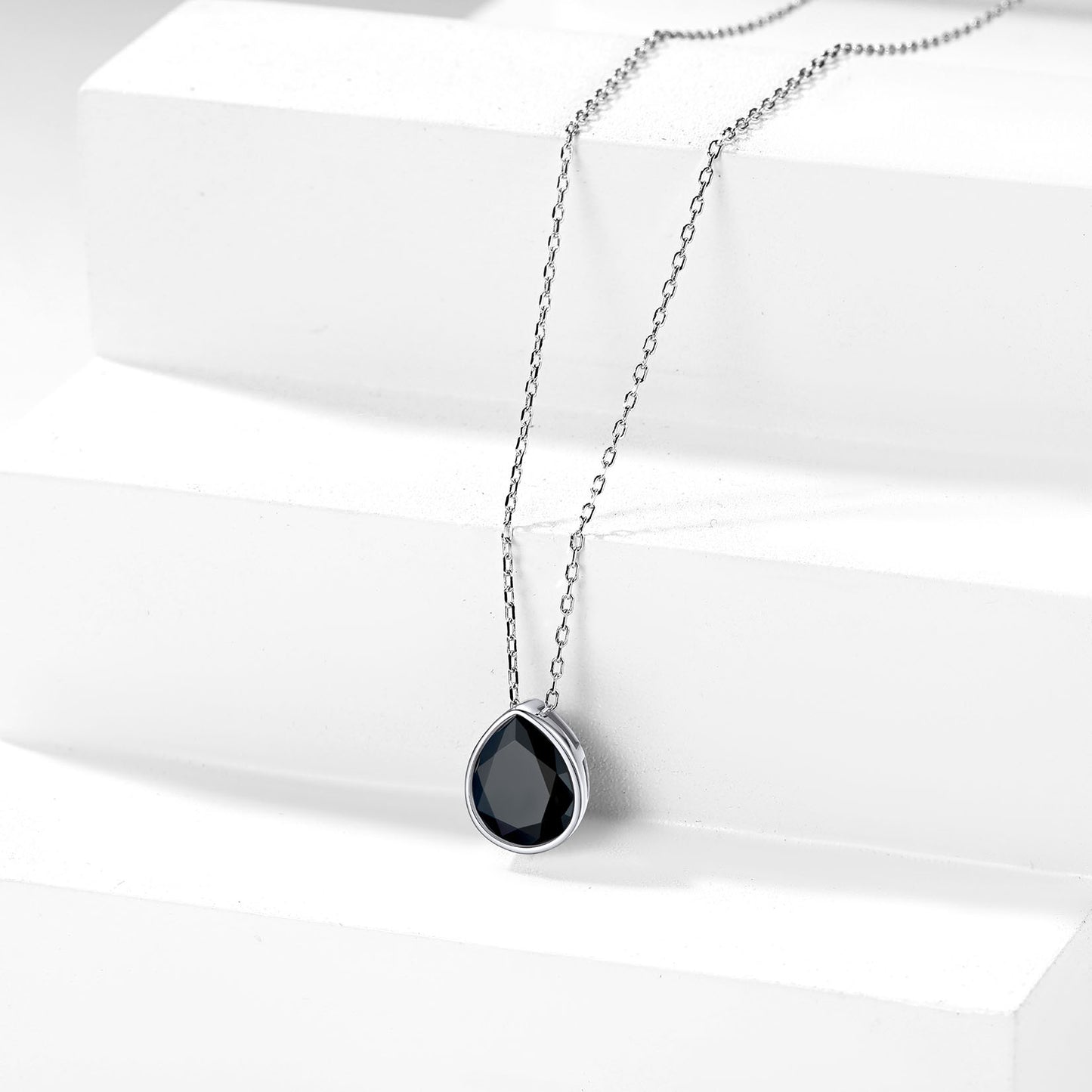 Silver Teardrop CZ Necklace Black Stone