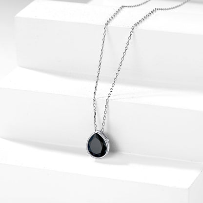 Silver Teardrop CZ Necklace Black Stone