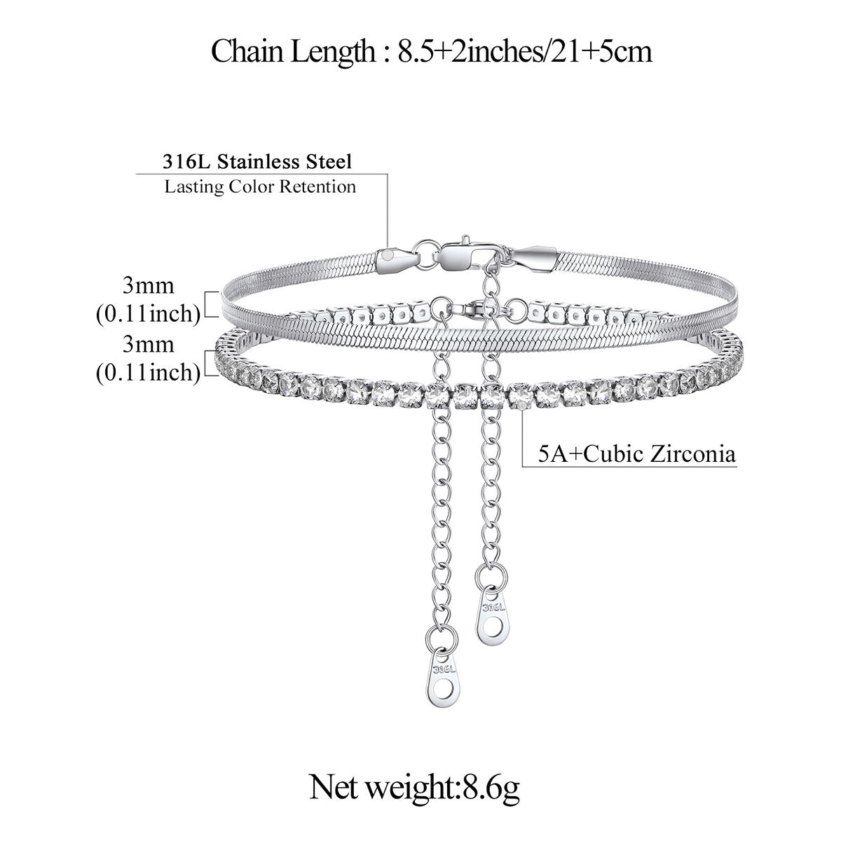 Silver anklet bracelet with chain length, material, and weight information on a white background