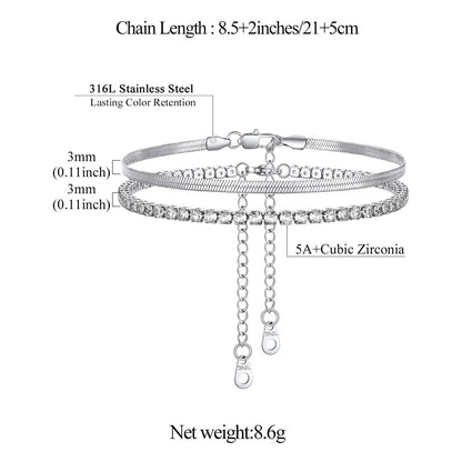 Silver anklet bracelet with chain length, material, and weight information on a white background