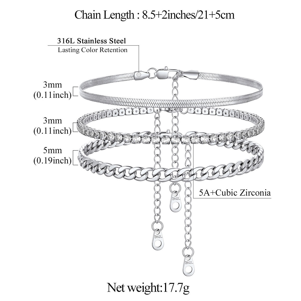 Silver chain anklet with measurement details on a white background