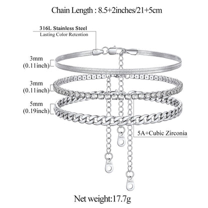 Silver chain anklet with measurement details on a white background