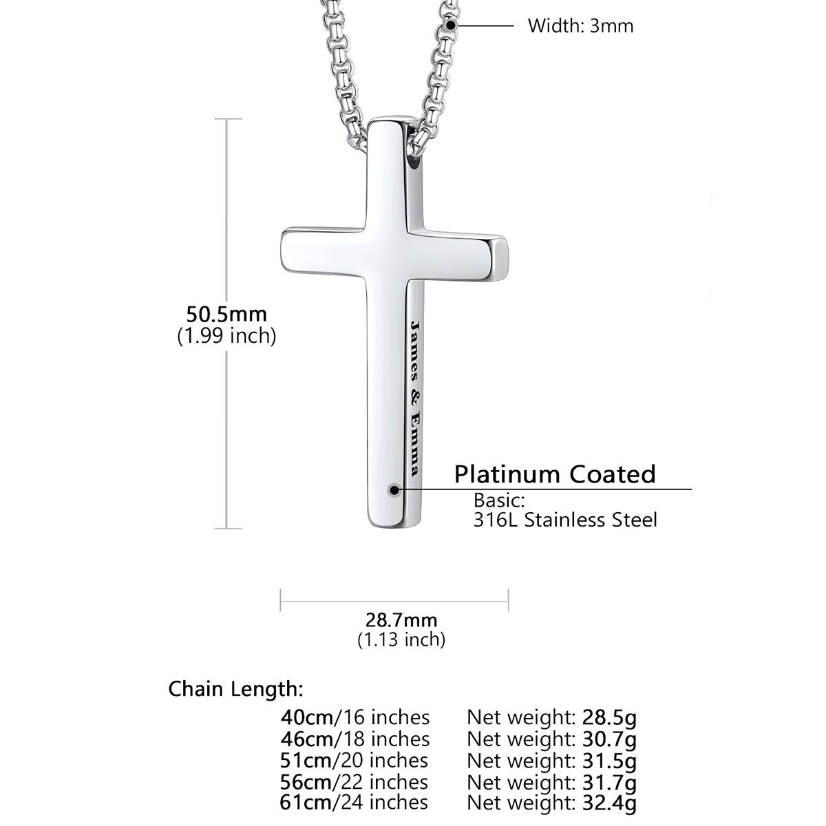 Silver cross necklace with measurements and material details on a white background