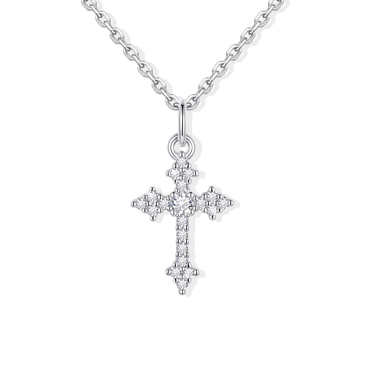 Silver cross pendant necklace on a white background