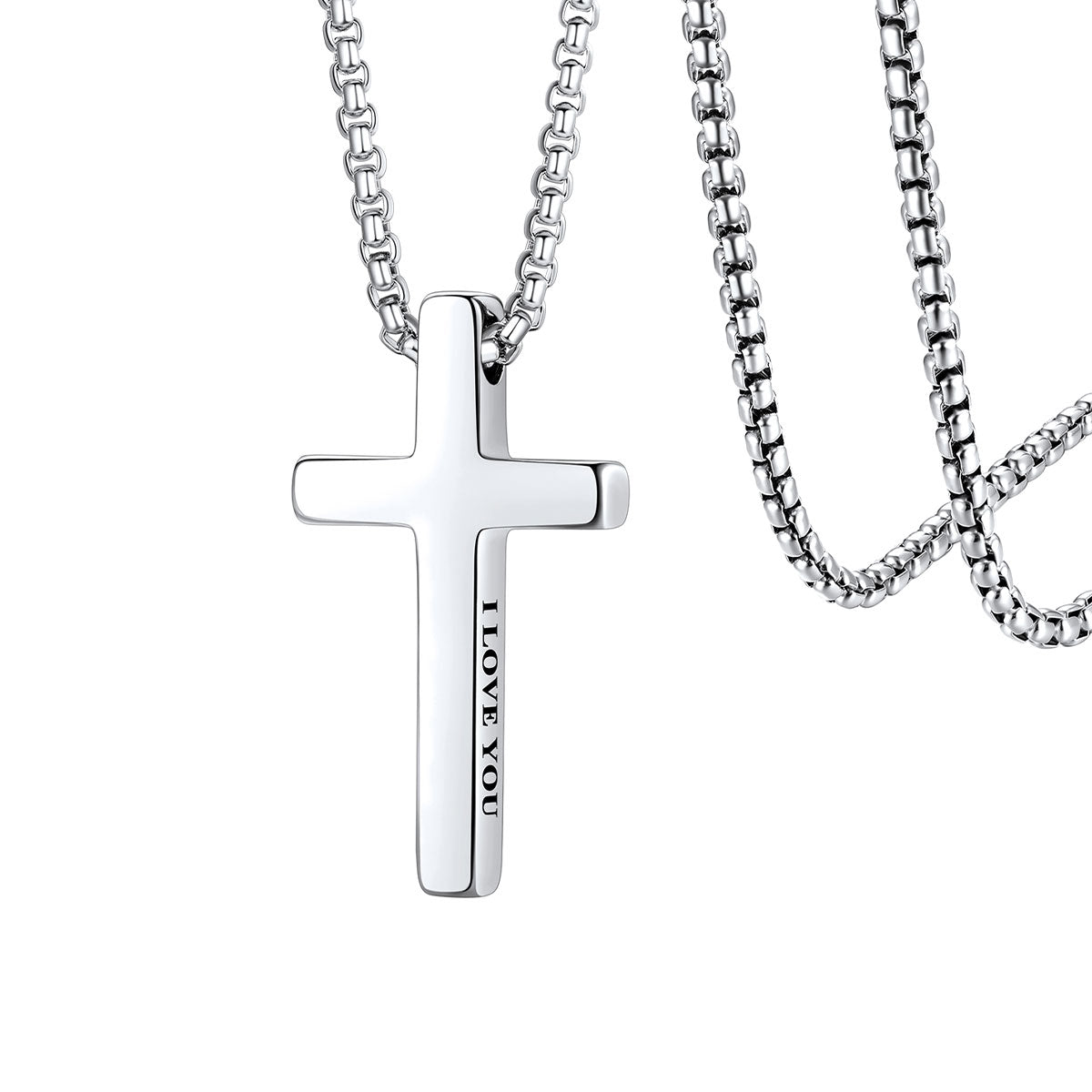 Silver cross pendant necklace with 'I LOVE YOU' engraving on a white background