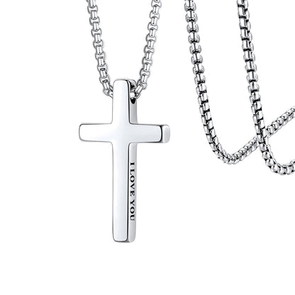 Silver cross pendant necklace with 'I LOVE YOU' engraving on a white background