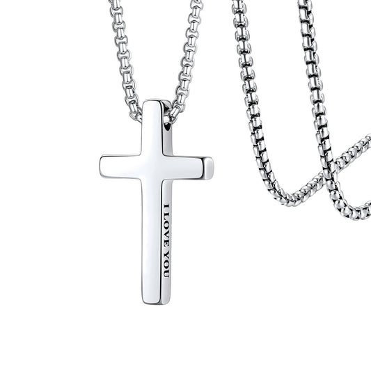 Silver cross pendant necklace with 'I LOVE YOU' engraving on a white background