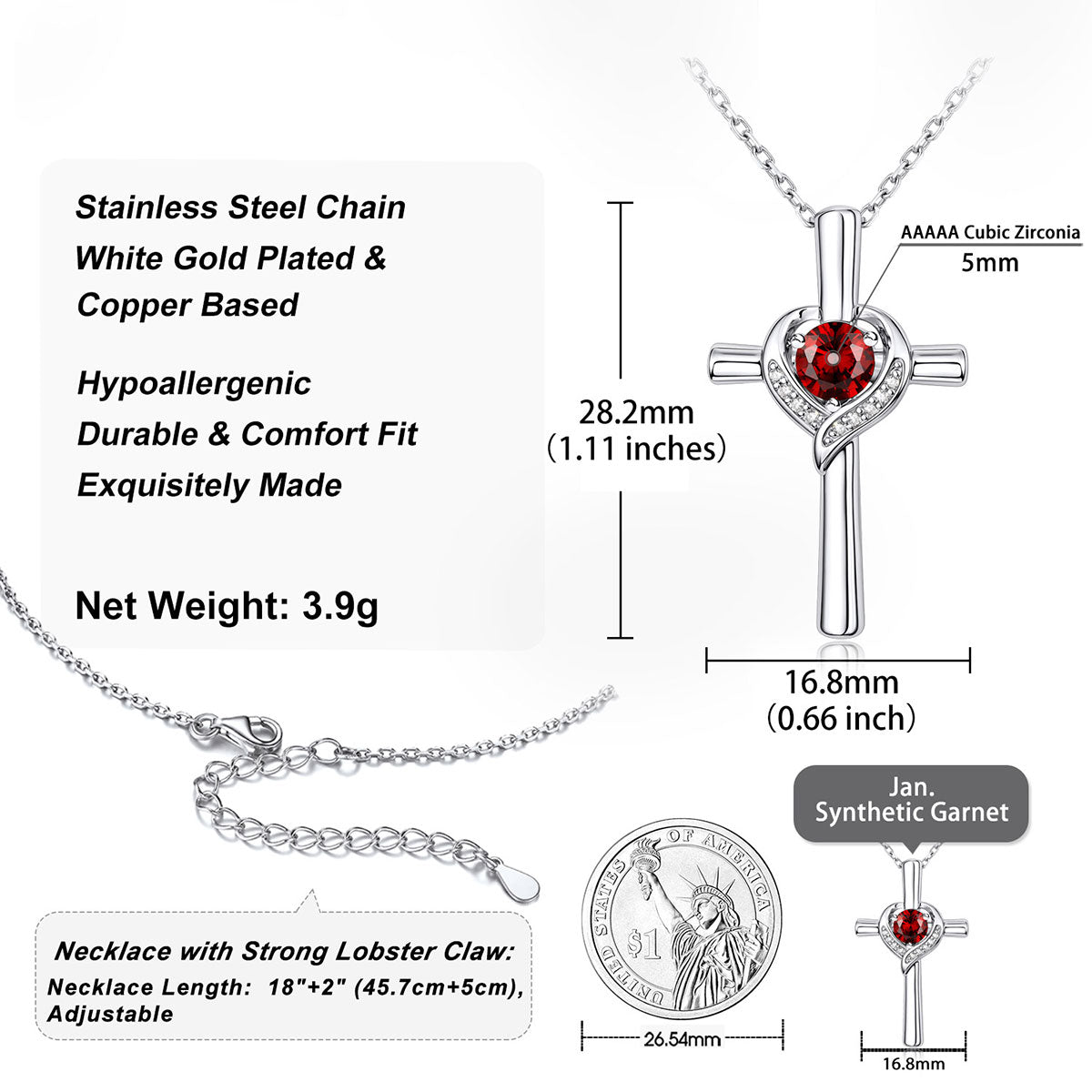 Silver cross pendant necklace with a red cubic zirconia heart and a stainless steel lobster claw clasp, shown with product specifications, dimensions, and a coin scale reference on a white background.
