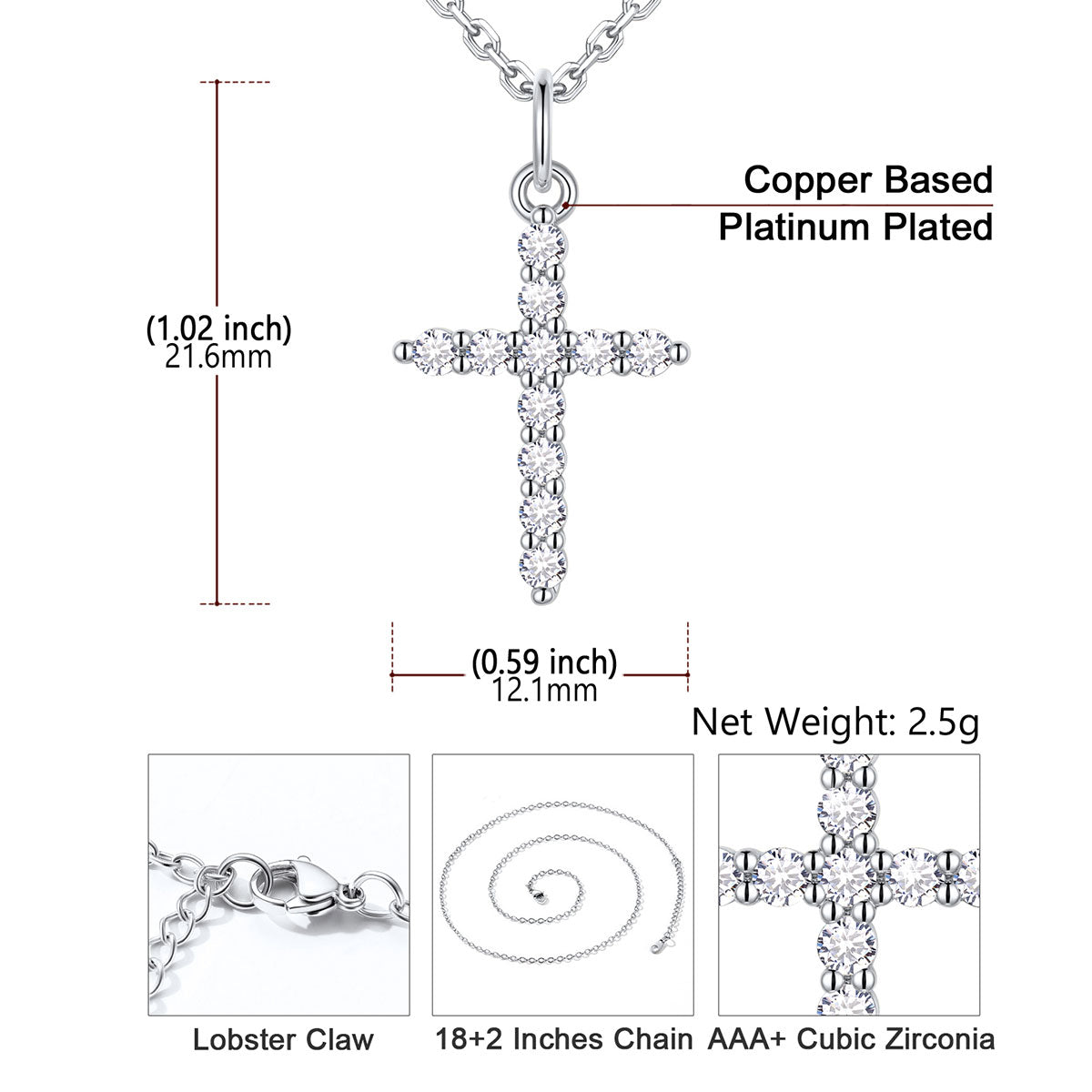 Silver cross pendant necklace with measurements and details on a white background