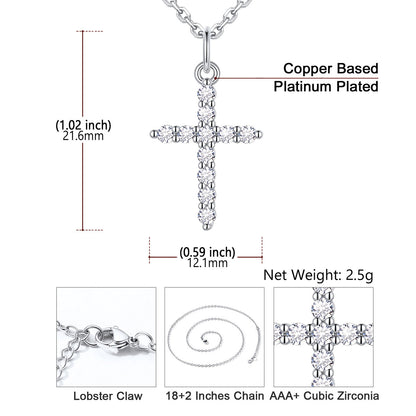 Silver cross pendant necklace with measurements and details on a white background