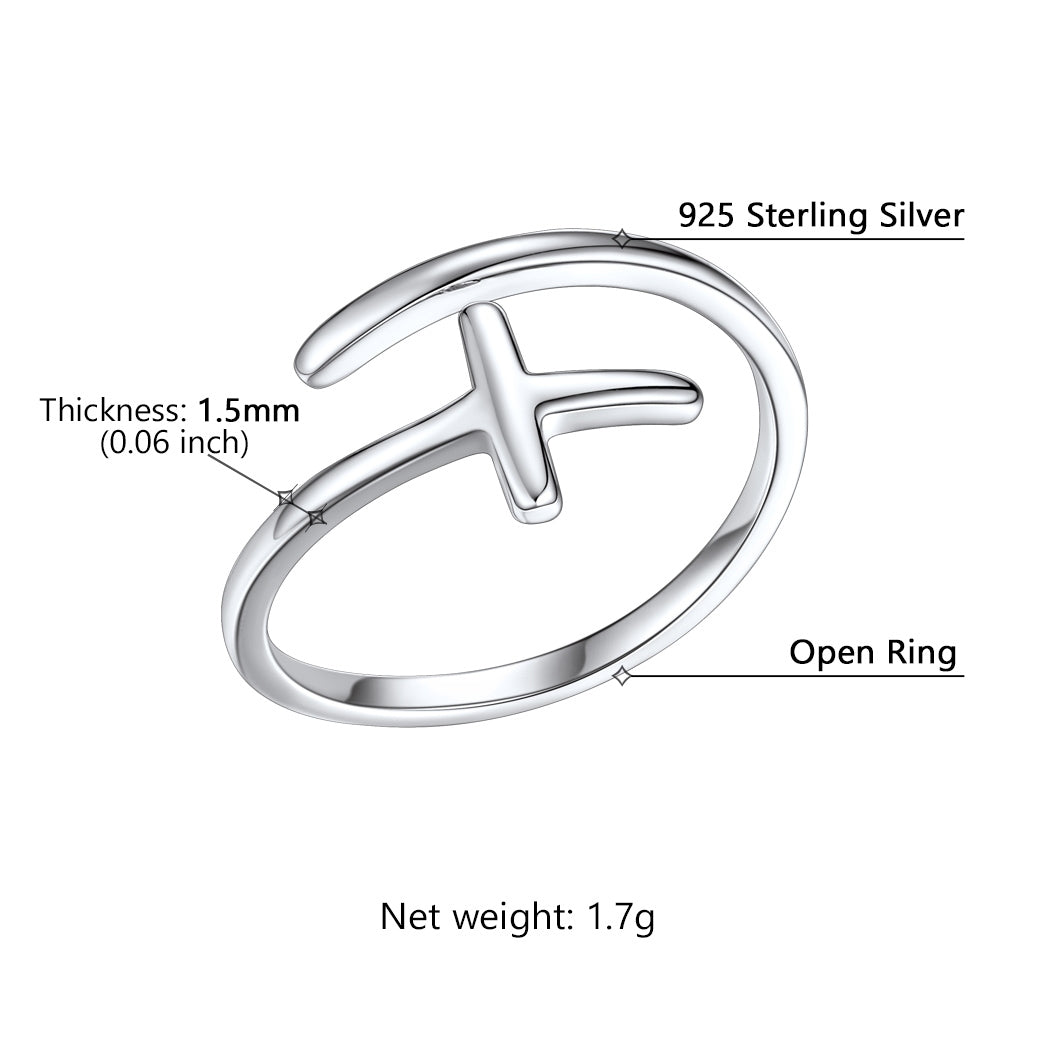 Silver cross ring with measurements and details on a white background