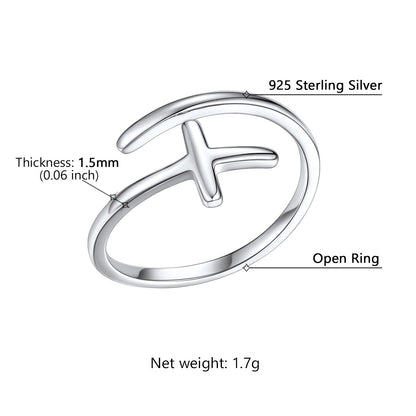 Silver cross ring with measurements and details on a white background