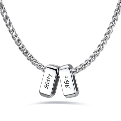 Silver custom name necklace with 2 rectangular pendant engraved on a white background