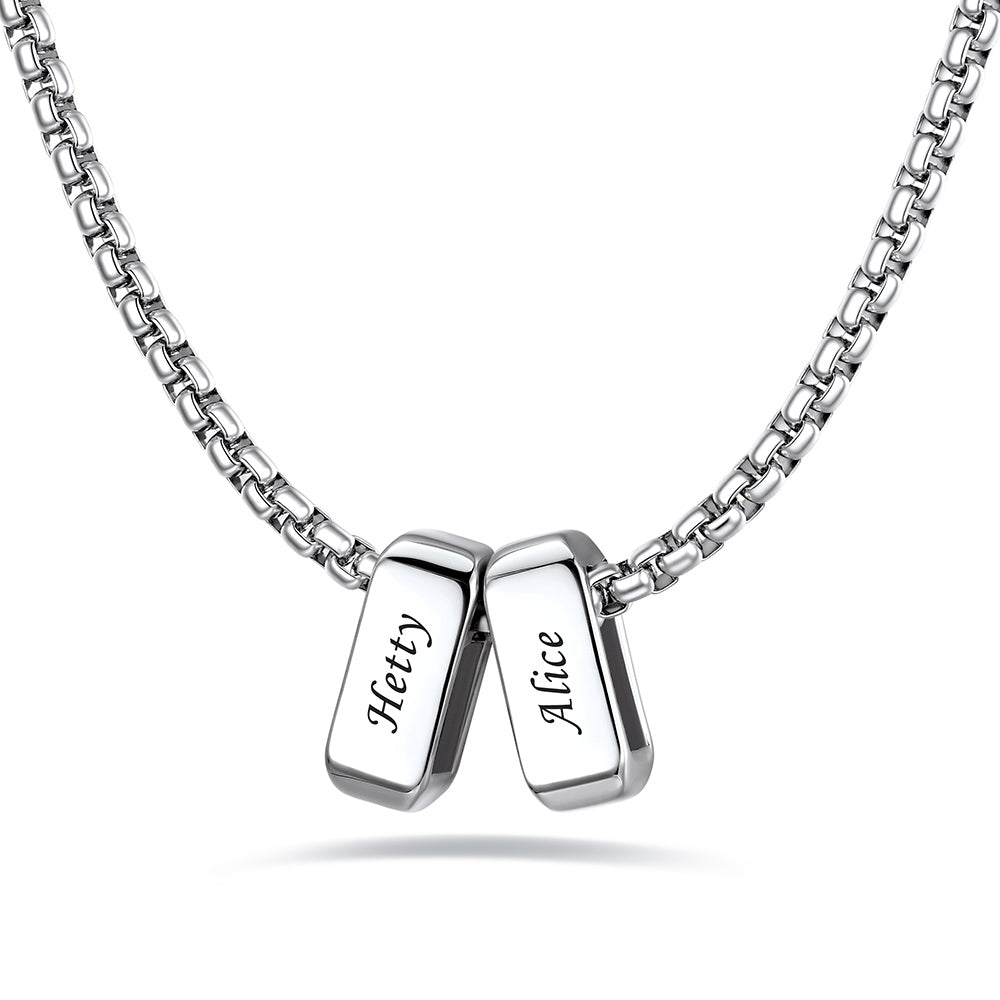Silver custom name necklace with 2rectangular pendant engraved on a white background