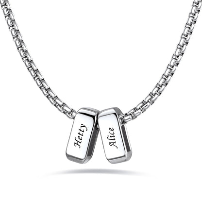 Silver custom name necklace with 2rectangular pendant engraved on a white background