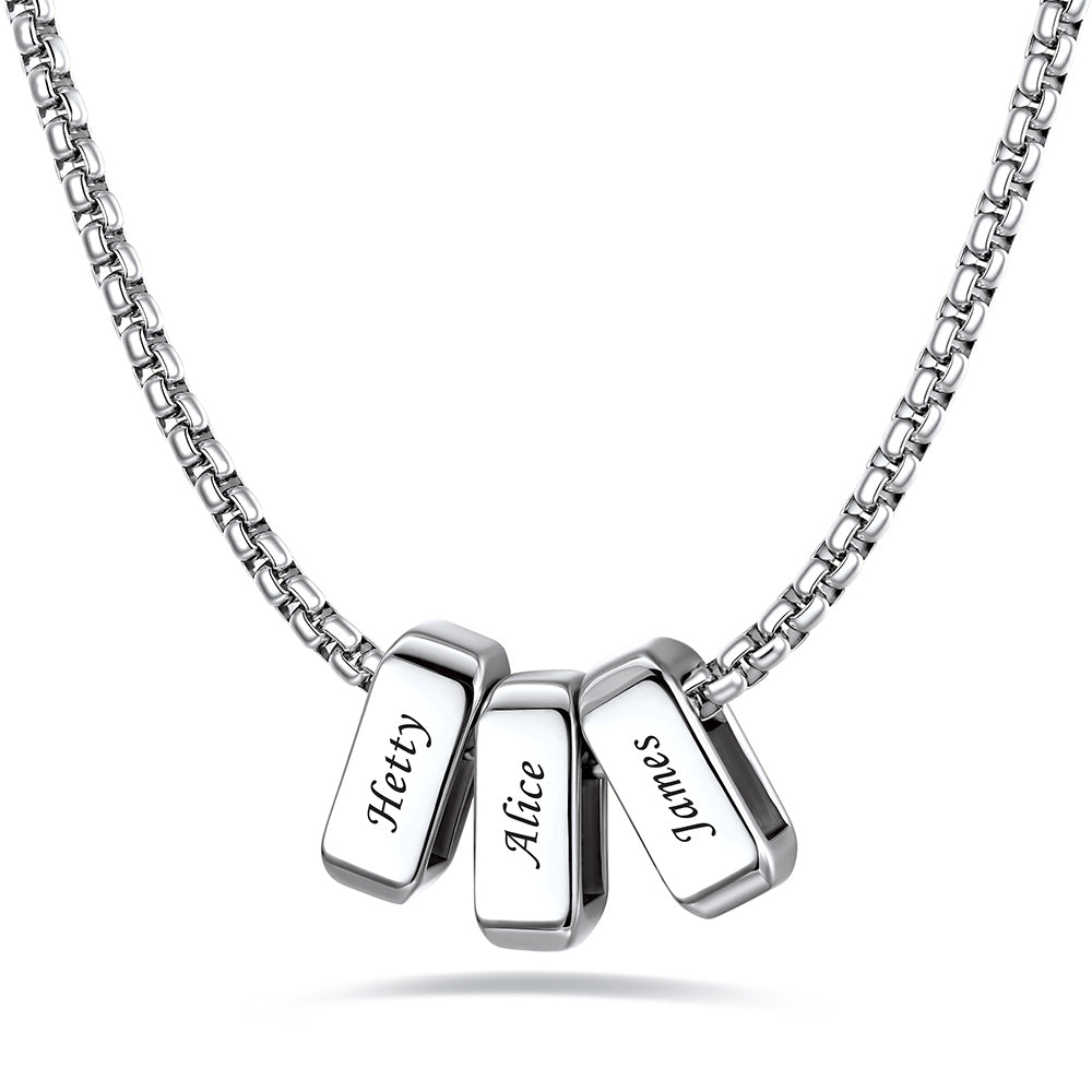 Silver custom name necklace with 3 names engraved on a white background