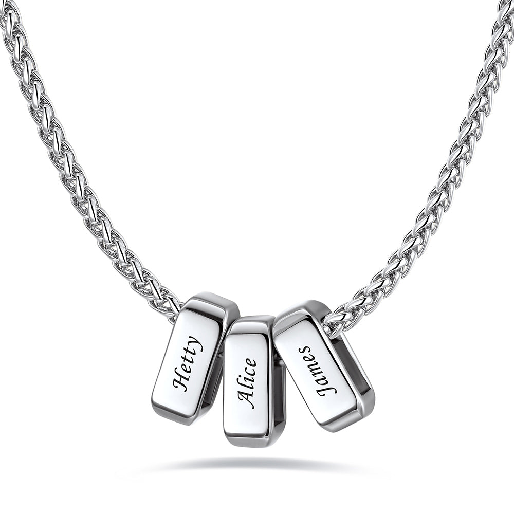 Silver custom name necklace with 3 rectangular pendant engraved on a white background
