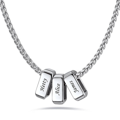 Silver custom name necklace with 3 rectangular pendant engraved on a white background