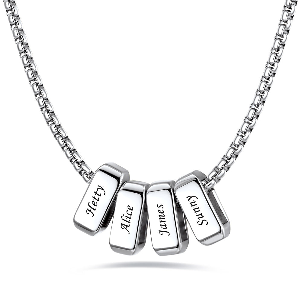 Silver custom name necklace with 4 names engraved on a white background