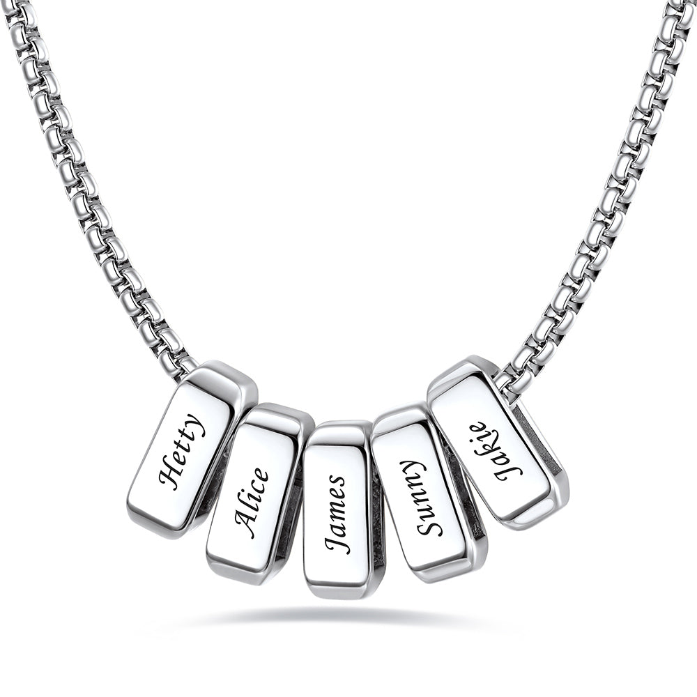 Silver custom name necklace with 5 names engraved on a white background