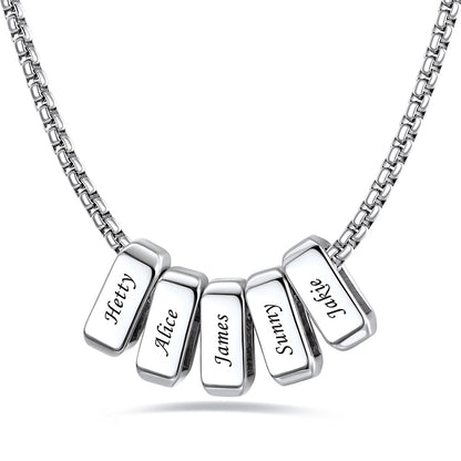 Silver custom name necklace with 5 names engraved on a white background
