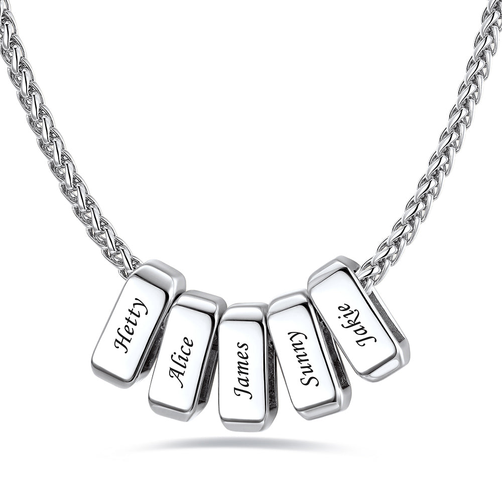 Silver custom name necklace with 5 rectangular pendant engraved on a white background