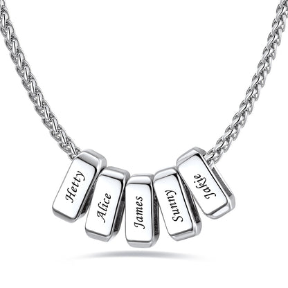 Silver custom name necklace with 5 rectangular pendant engraved on a white background