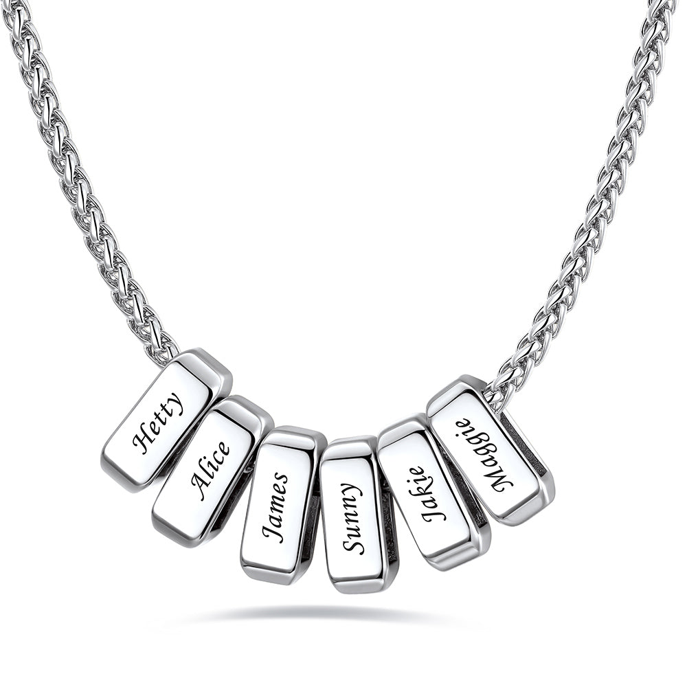 Silver custom name necklace with 6 rectangular pendant engraved on a white background