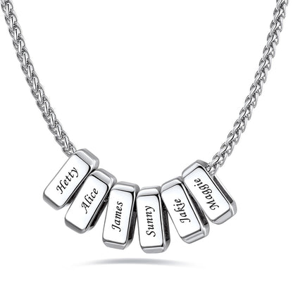 Silver custom name necklace with 6 rectangular pendant engraved on a white background