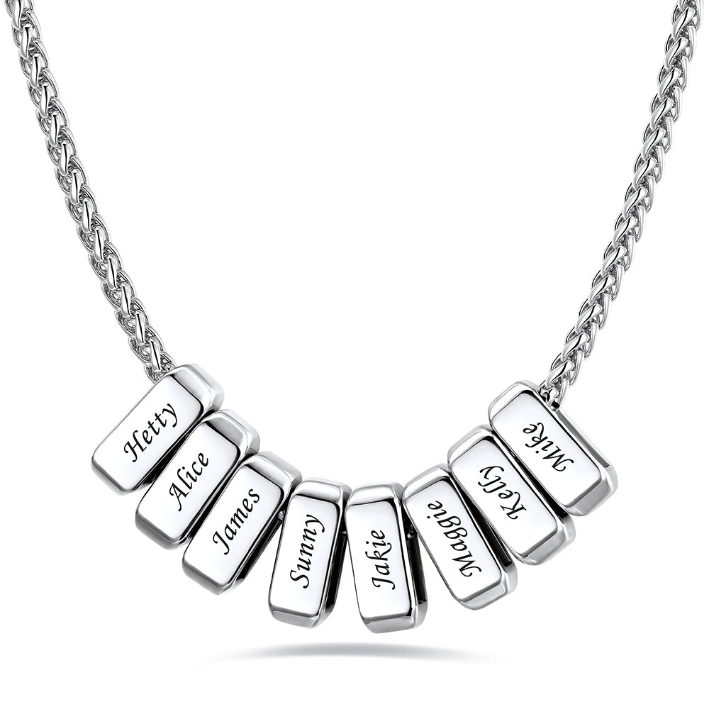 Silver custom name necklace with 8 rectangular pendant engraved on a white background