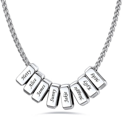 Silver custom name necklace with 8 rectangular pendant engraved on a white background