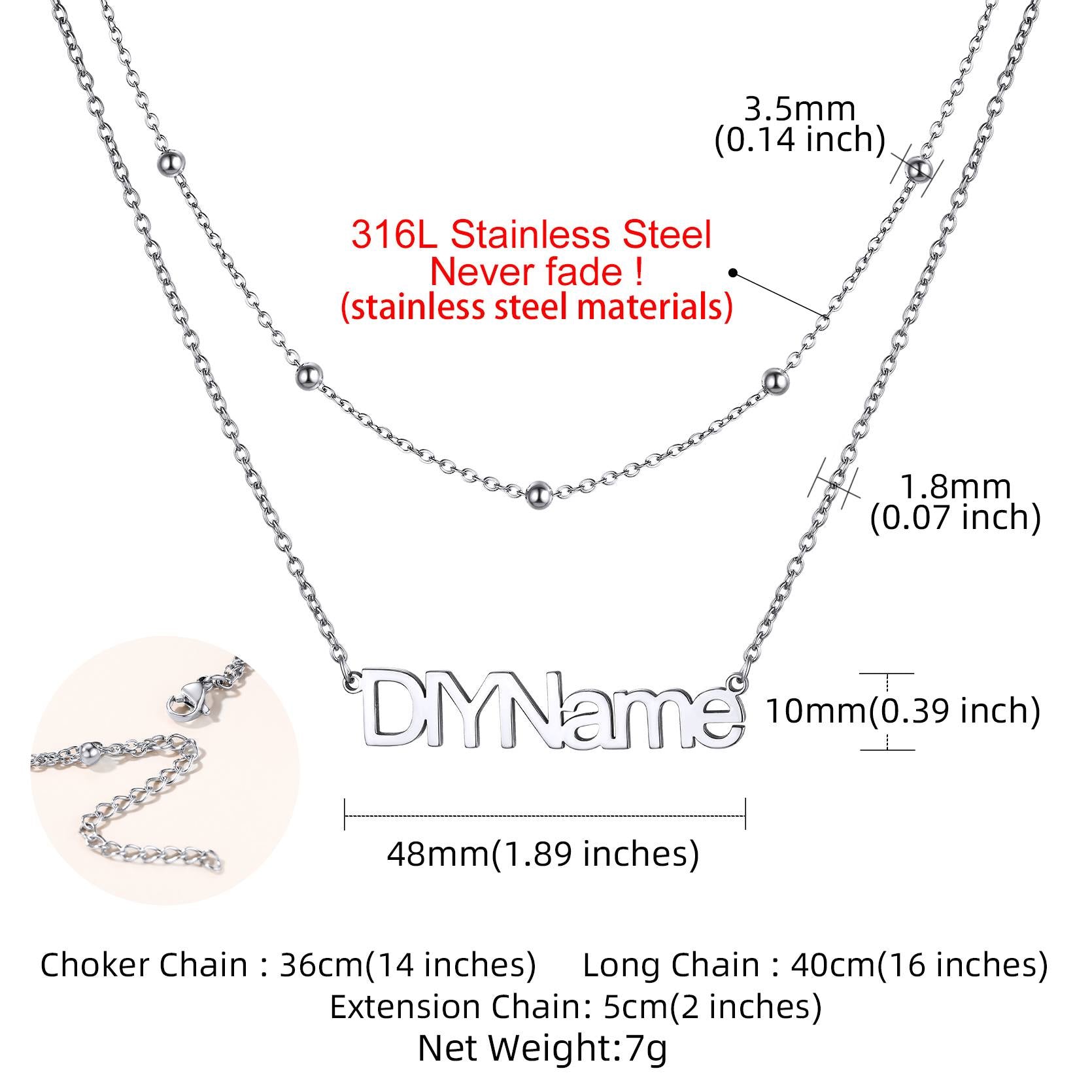 Silver custom name necklace with measurement details on a white background
