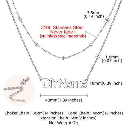 Silver custom name necklace with measurement details on a white background