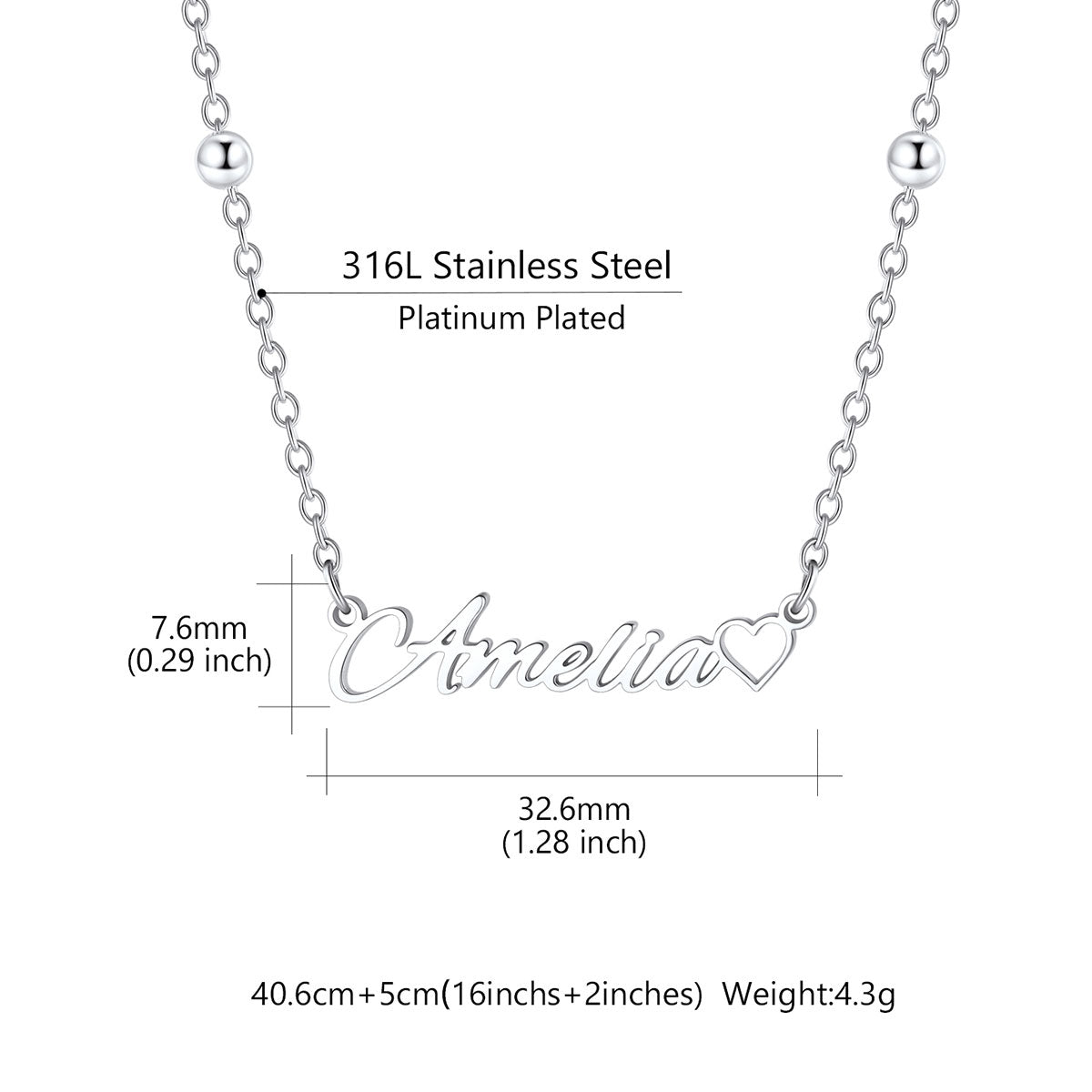 Silver custom name necklace with the name 'Amelia' and a small heart, shown with dimension measurements and text noting 316L stainless steel and platinum plating on a white background.