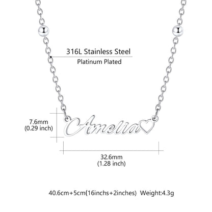 Silver custom name necklace with the name 'Amelia' and a small heart, shown with dimension measurements and text noting 316L stainless steel and platinum plating on a white background.