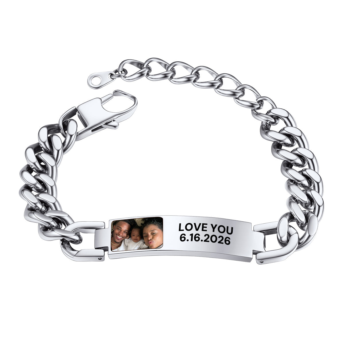 Silver custom photo cuban link bracelet with photo and text engraving on a white background