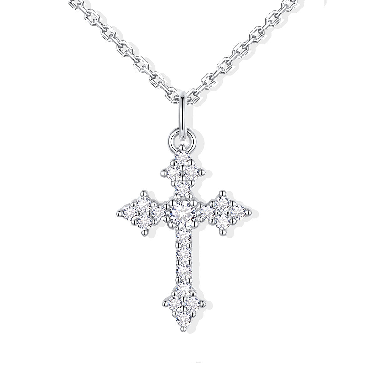 Silver cz cross pendant necklace on a white background